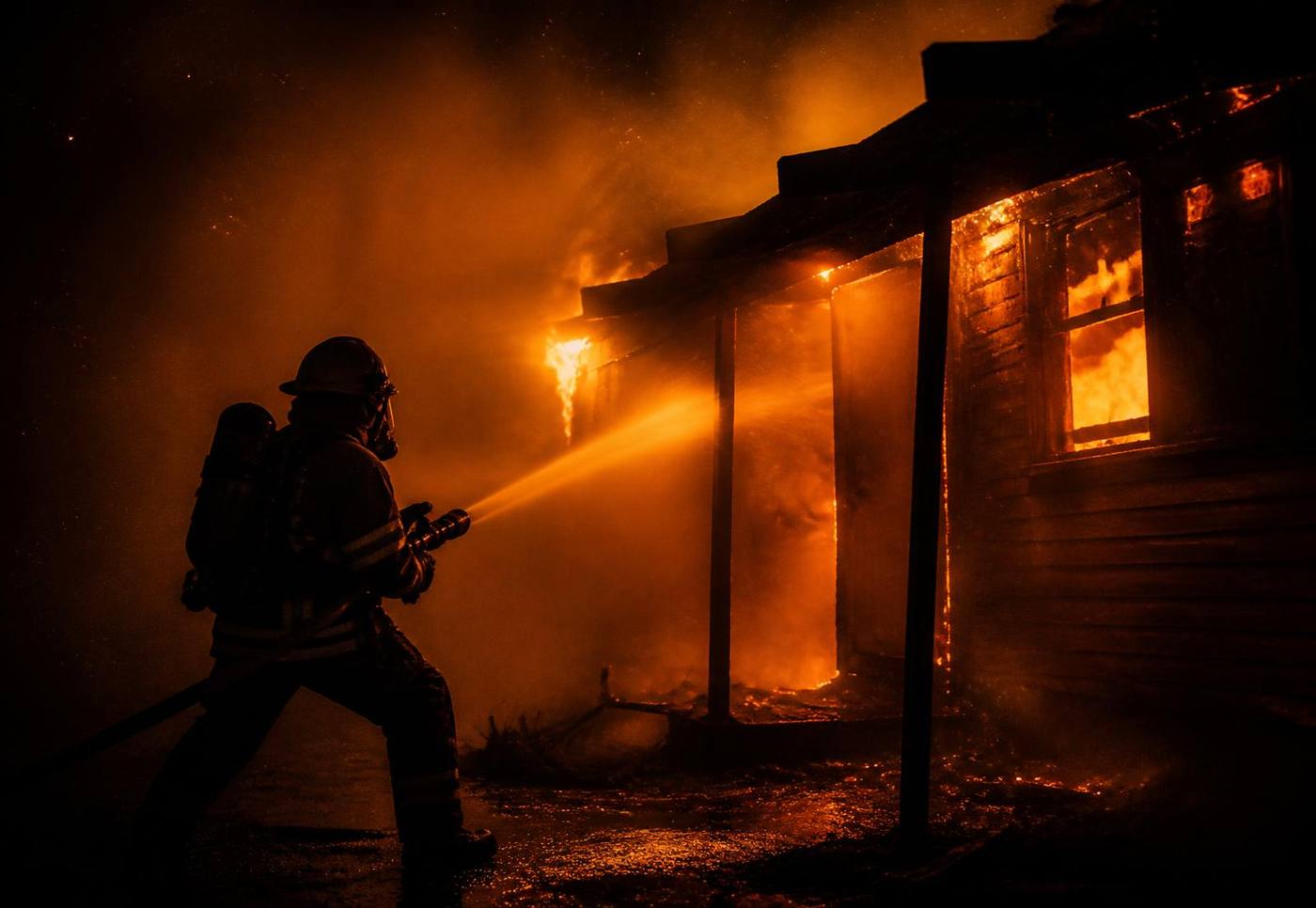 Firefighter battling a house fire at night before 365 Restoration begins recovery